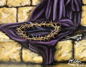 They put a purple robe on him, then twisted together a crown of thorns and set it on him. Mark 15:17 "Crown of Thorns"